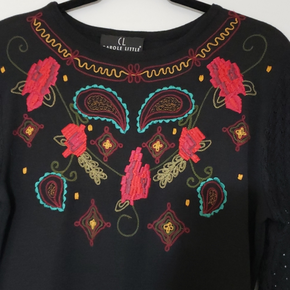CL Carole Little knit black embroidered dress